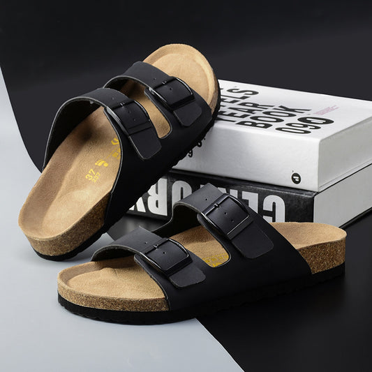 Double-breasted Cork Outer Leather Surface Boken Slippers